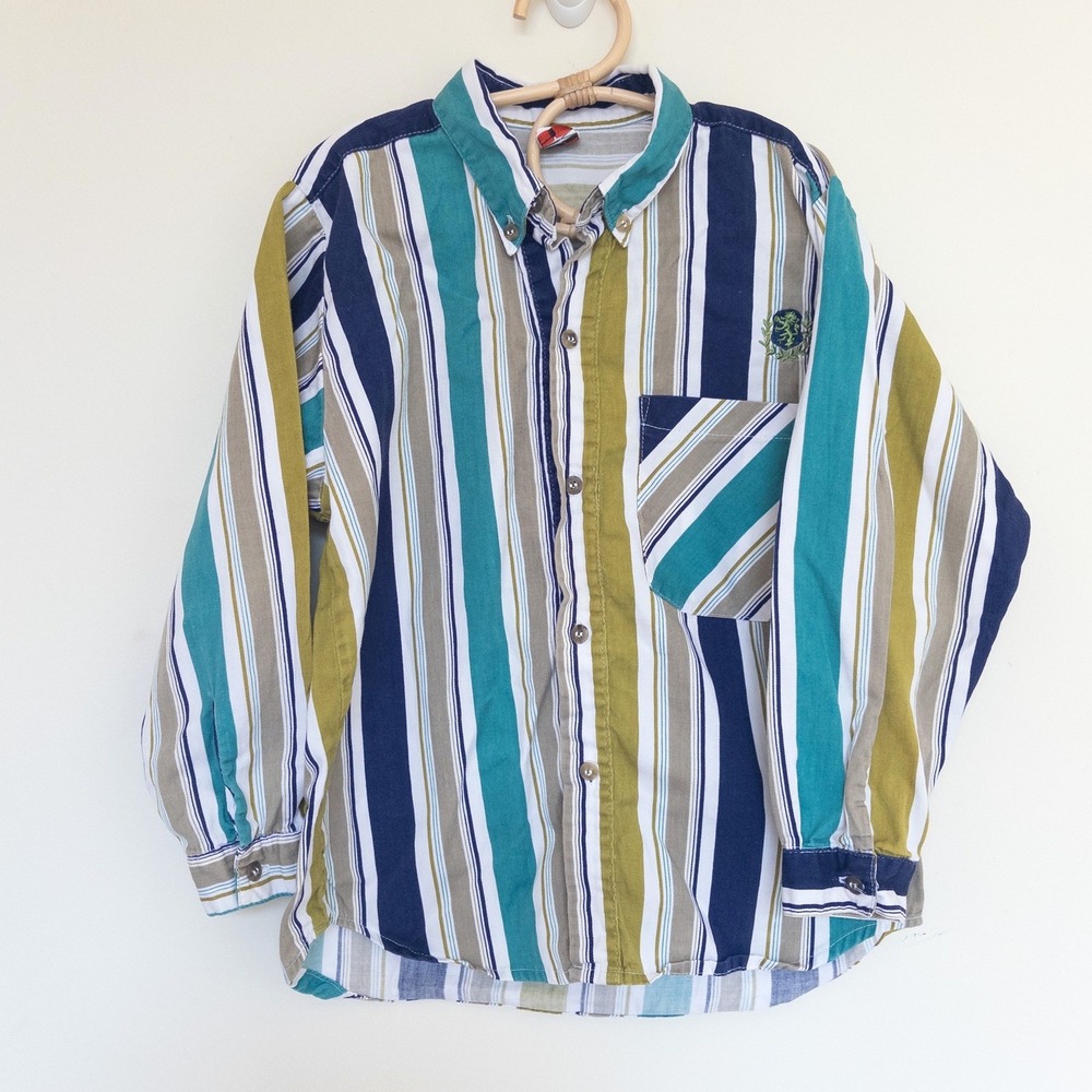 Vintage Junior Prints 90s Button Down Shirt Blue Green Striped Kids Size 10
